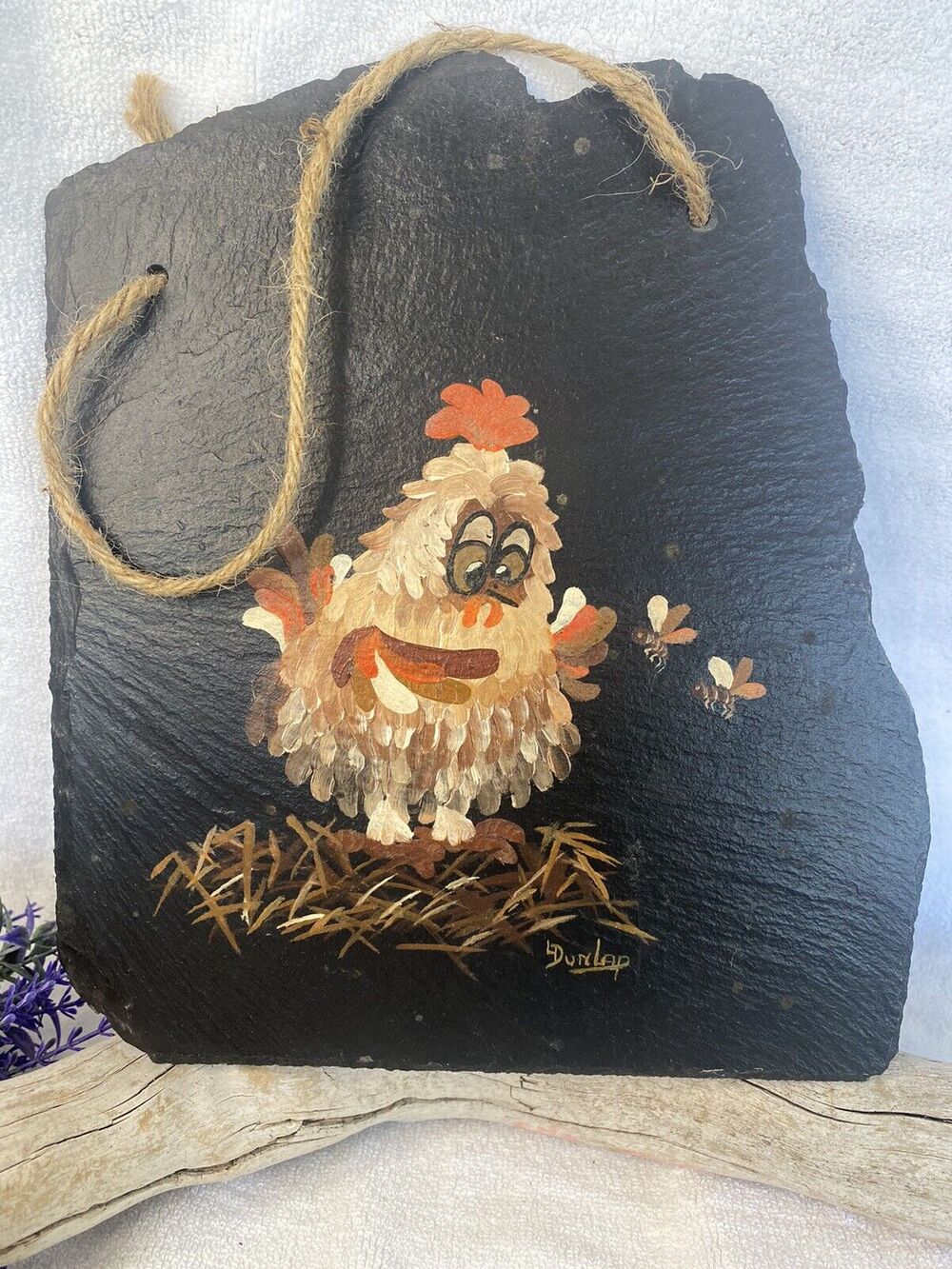 Hand Painted On Slate Bird In Nest Signed Dunlap 9x8 Inches. Hangs Perfectly